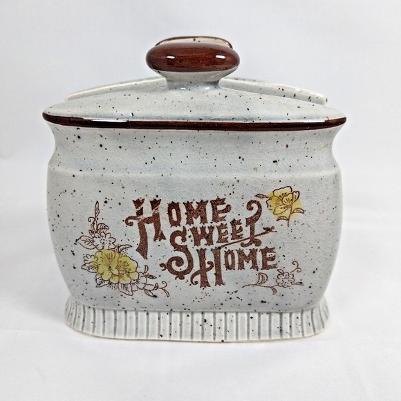Vintage 1970's Napkin Holder Ceramic 'Home Sweet Home' Japan Gray Brown Flowers - Picture 3 of 7